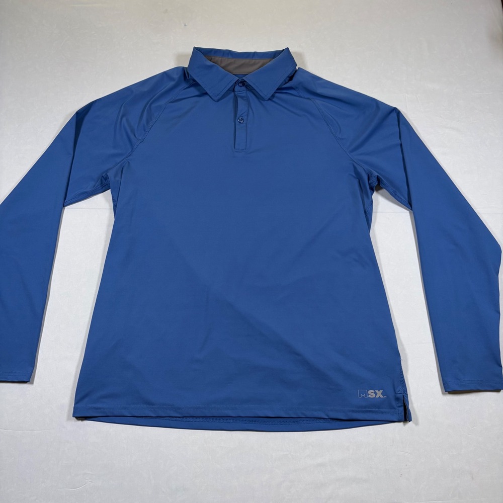 MSX Michael Strahan Mens Blue Long Sleeve Performance Polo Shirt Size L Stretch